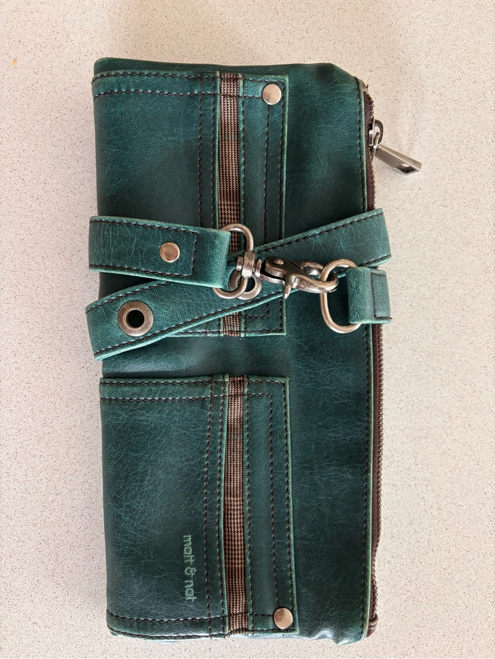 Matt & Nat Teal Zip-Around Women’s Clutch with Strap Detail